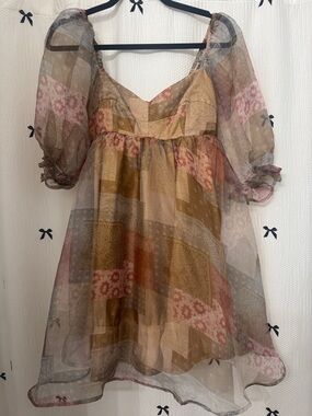 Sheer Patchwork Puff-Sleeve Mini Dress